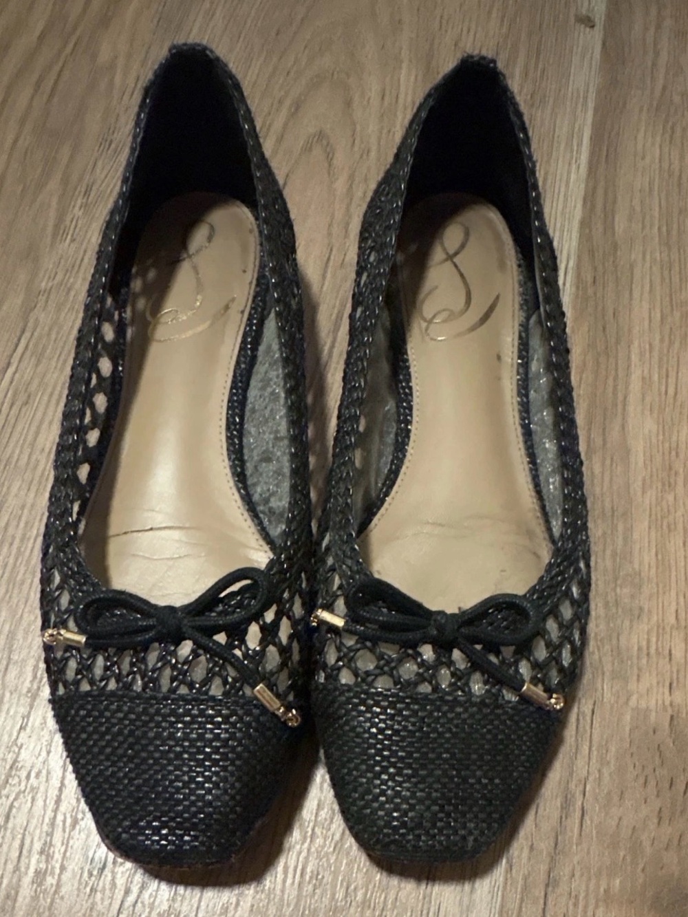 Sam Edelman Black Woven Ballet Flats with Bow and Gold Accents